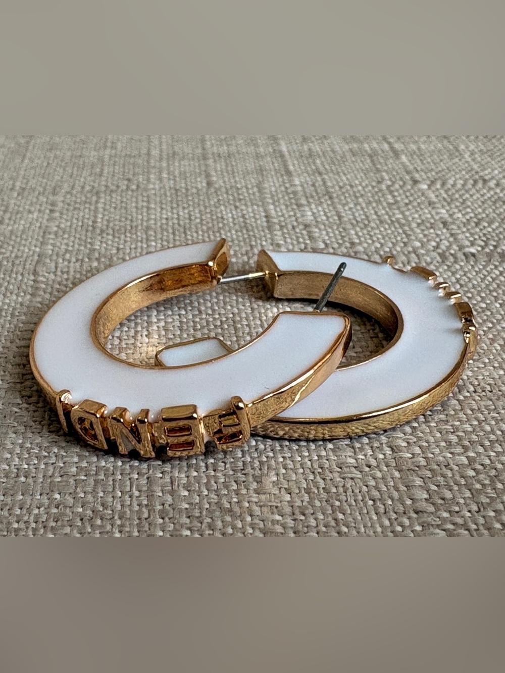 Fendi White and Gold Logo Hoop Earrings with Raised Lettering - Picture 2 of 5